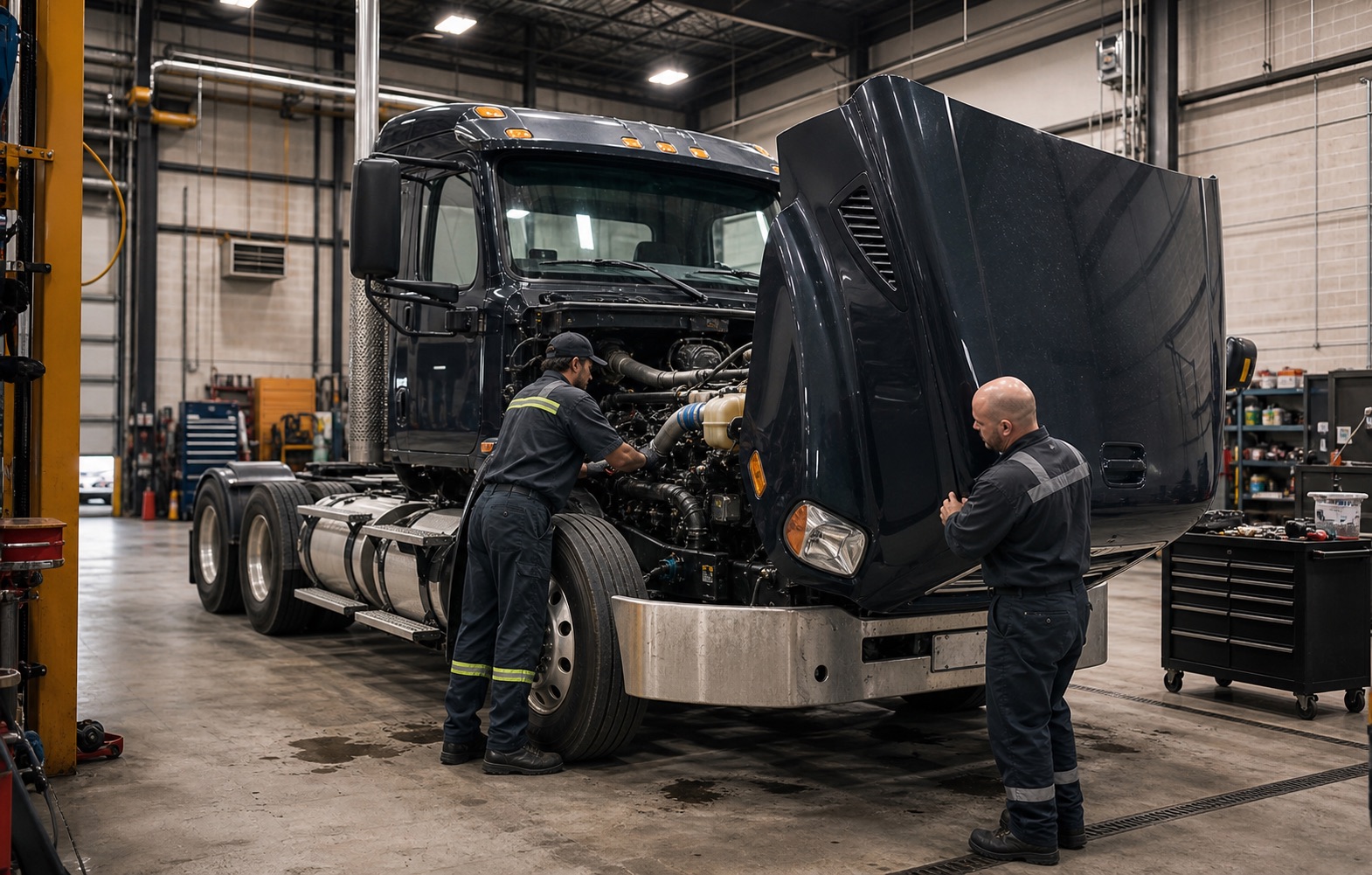 Two mechanics repairing a commercial day-cab truck inside a clean heavy-duty workshop