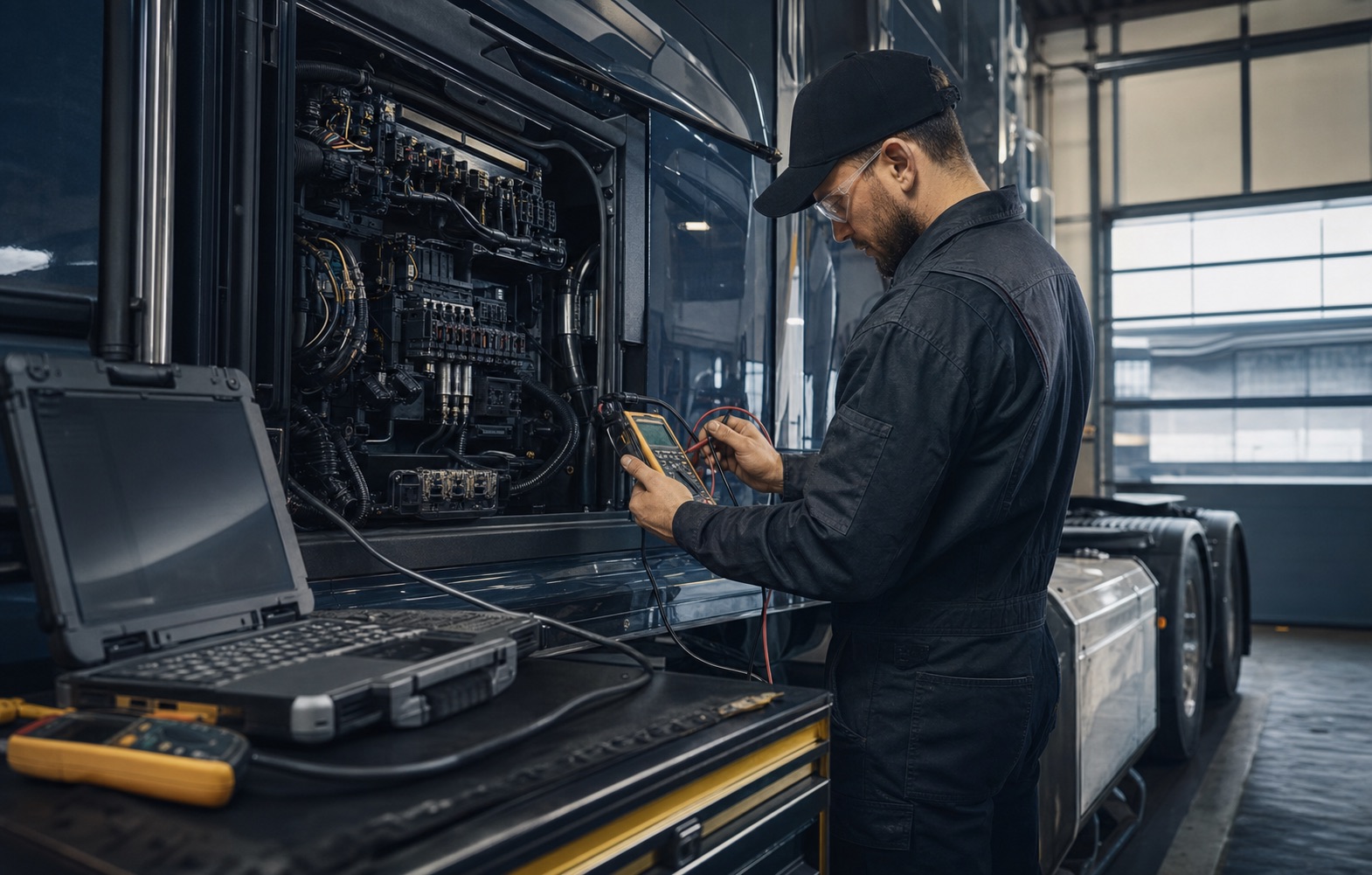 Technician using a multimeter and diagnostic laptop at a semi-truck electrical panel