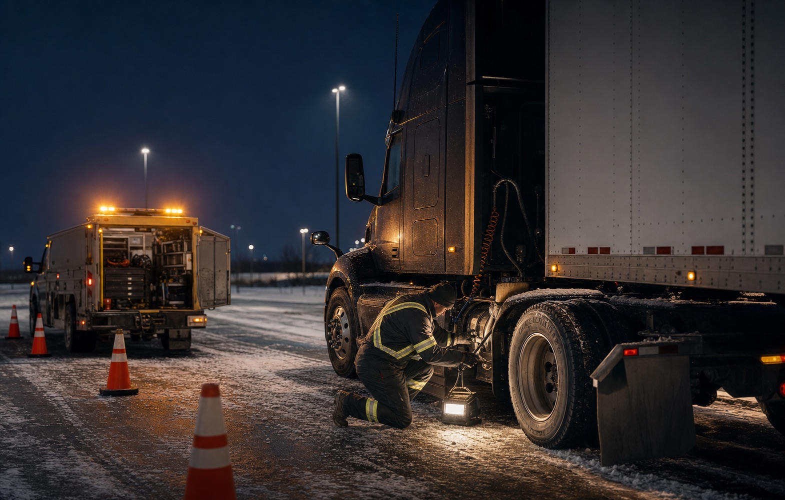 Mechanic completing an emergency semi-truck inspection in a safely coned winter rest area at night