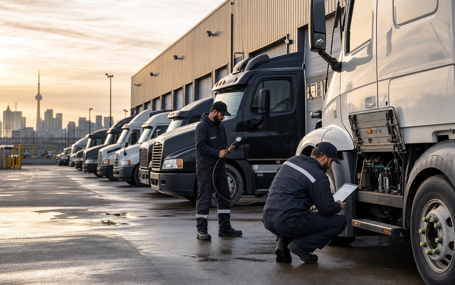 Two mechanics performing preventive checks on a row of commercial trucks in a Toronto-area fleet yard