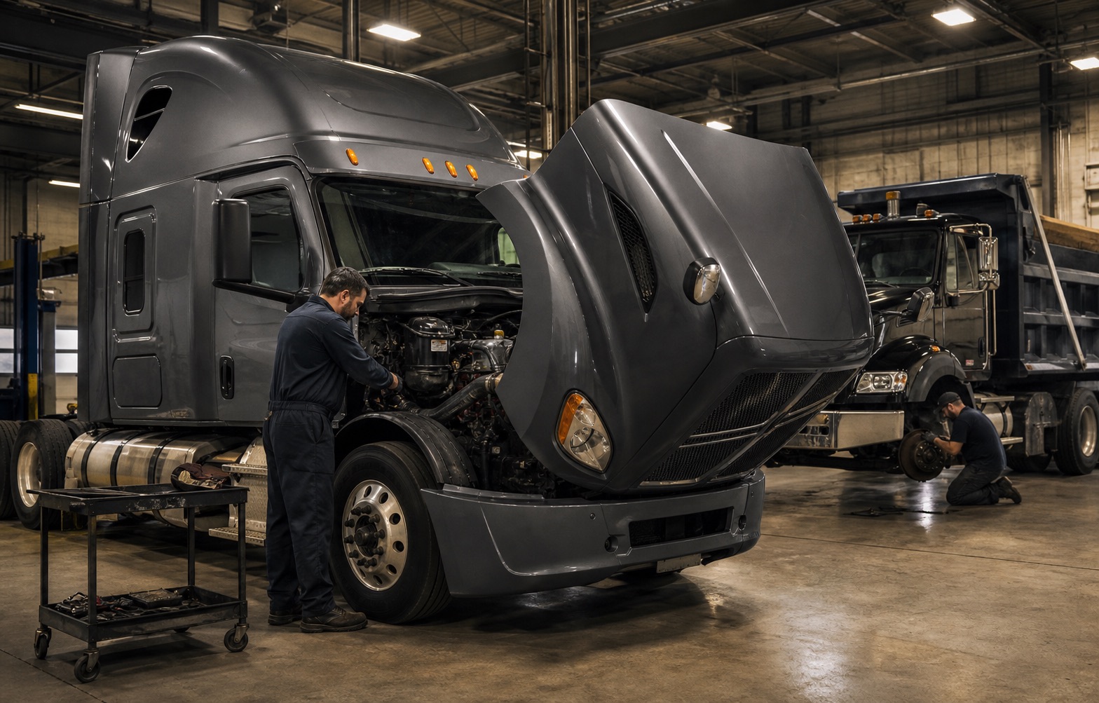 Mechanics repairing a highway tractor and heavy-duty vocational truck in a large service bay