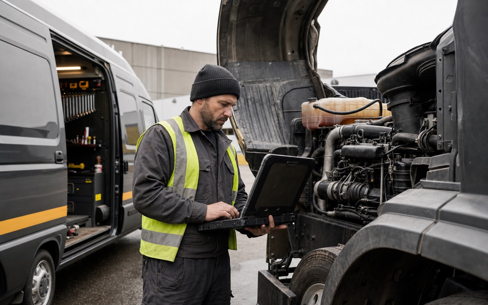 Mobile diesel mechanic testing a commercial-truck engine at a fleet yard