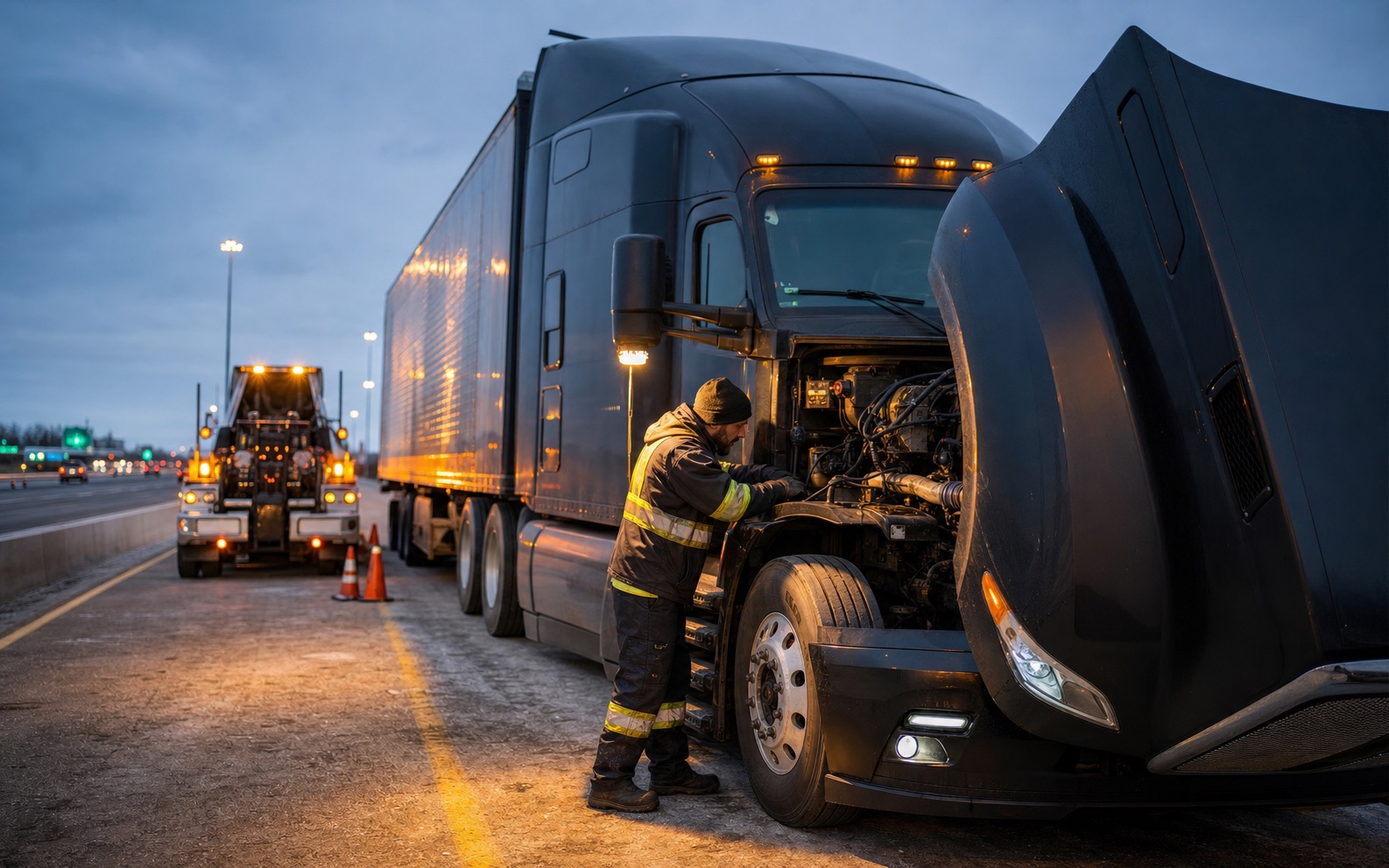 Mobile mechanic helping a semi-truck on a safely marked GTA highway shoulder