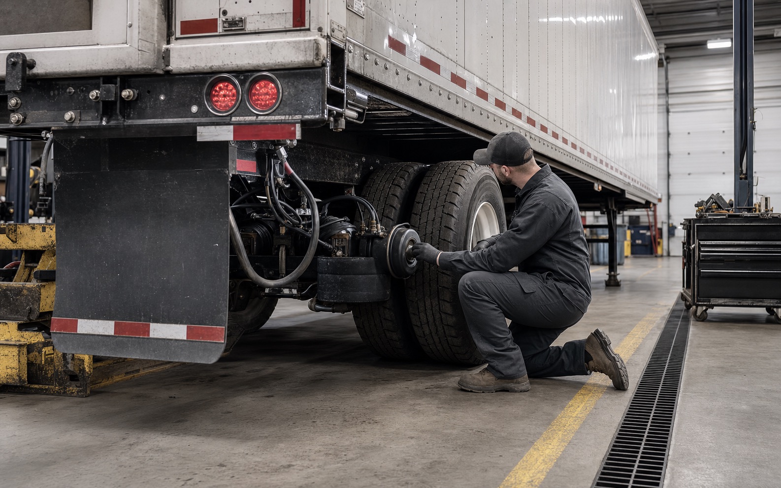 Heavy-duty mechanic inspecting trailer brakes and suspension in a professional repair bay